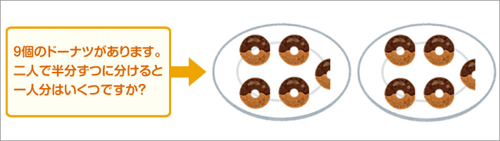 9個のドーナツがあります。二人で半分ずつに分けると一人分はいくつですか？