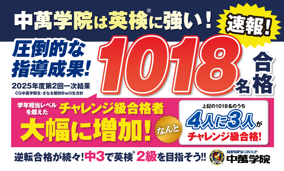中萬学院は日本英語検定協会認定「英検プラチナパートナー塾」。第1回英検も逆転合格が続々