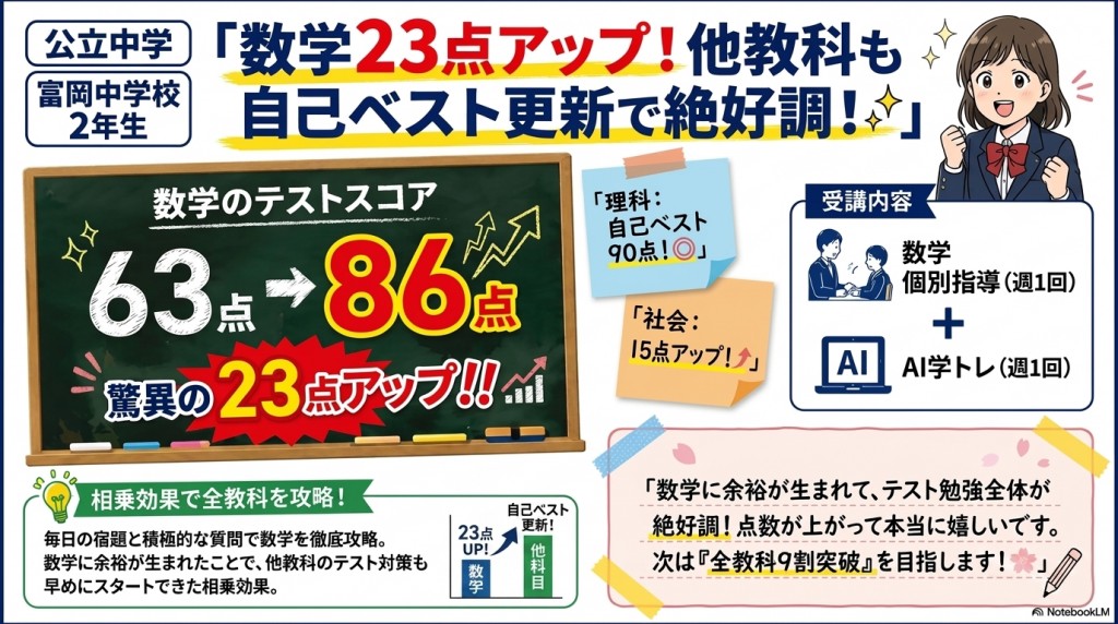 急成長！　富岡中学校2年生が数学点数23点アップ！