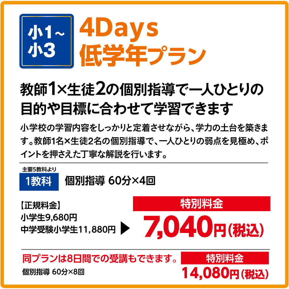 小学生一人ひとりに合わせた個別指導を行います。